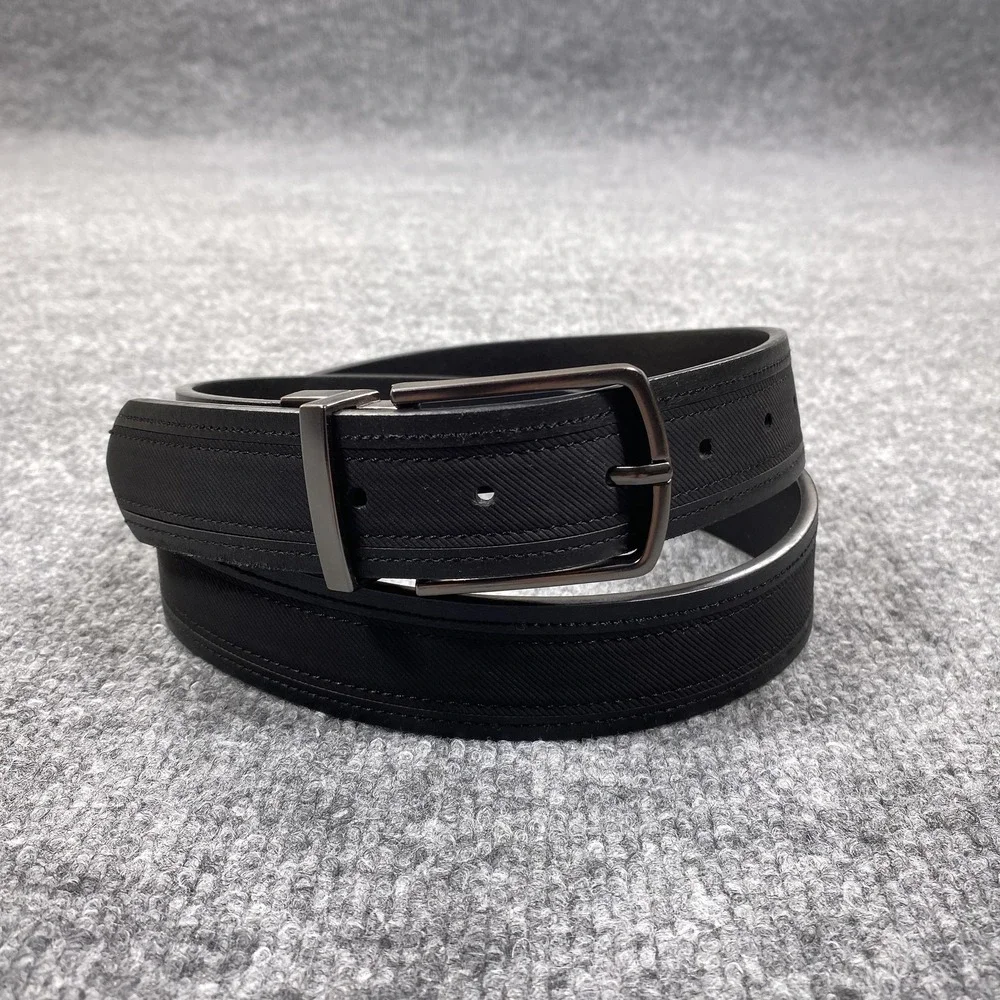 DVGJ Belt Mens L 38-40 Black Faux Leather Silver Buckle Classic Reversible